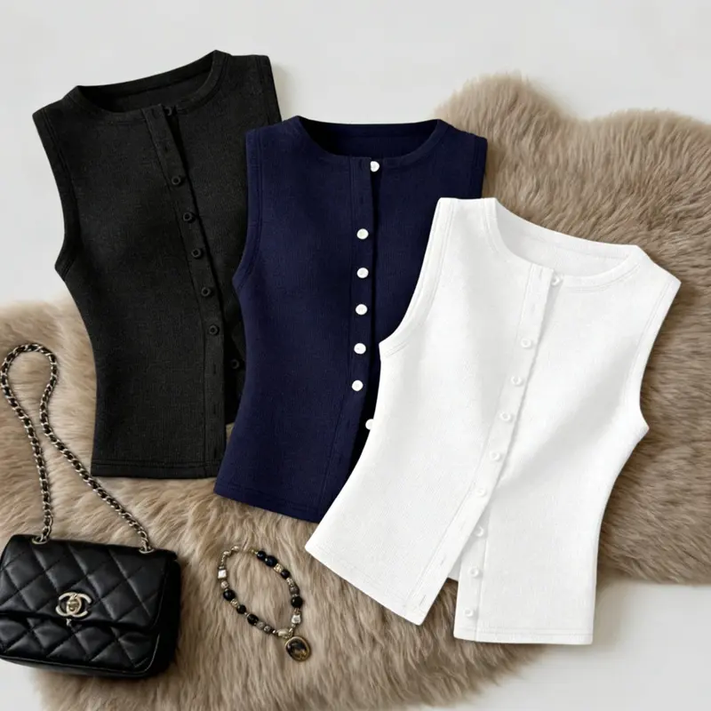 New Round Neck Sleeveless Knit Vest for Women, Button-Up Slim Fit Versatile Basic Inner Top, Three-Piece Set