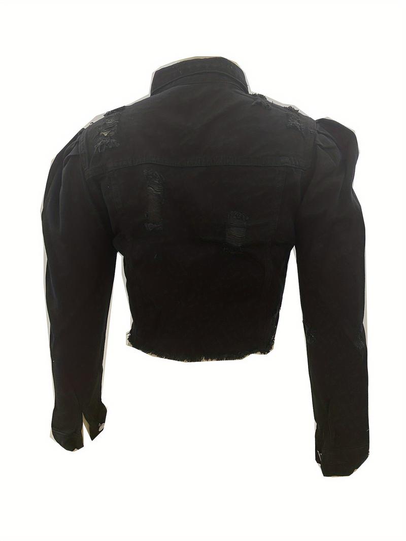 Women's Distressed Denim Jacket - Casual Black Cropped Jean Coat with Raw Hem & Puff Sleeves, Button- Style for Spring/Fall