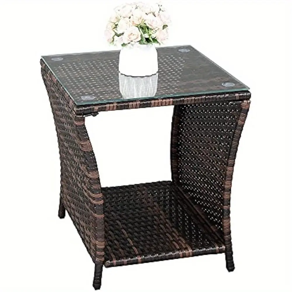 Outdoor Wicker Side Table Patio Side Tables for Outside, Tempered Glass Top Wicker Table with Storage End Table for Balcony Porch Deck (Brown)
