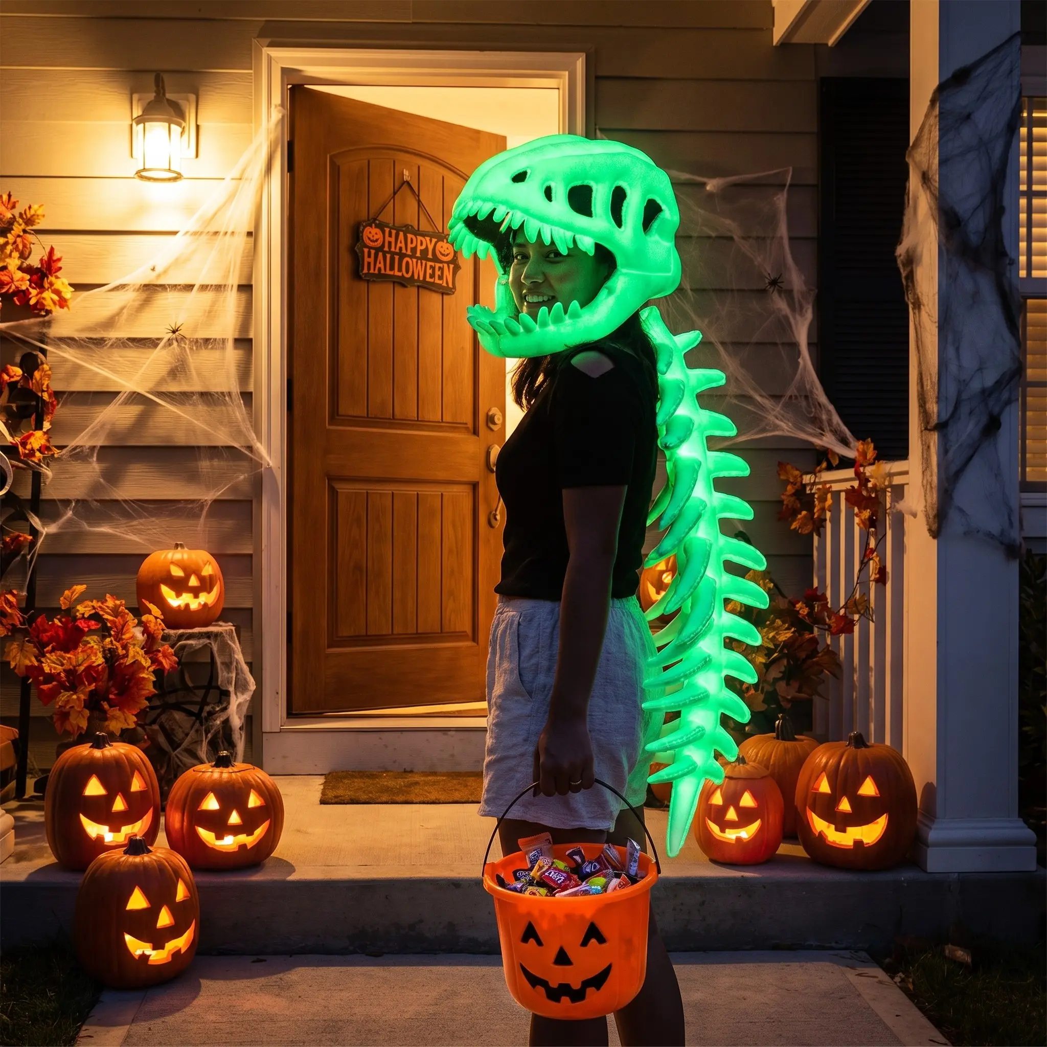 Glow-in-the-Dark Dinosaur Skeleton Mask & Hat Set, Luminous Skull Costume Accessory, Novelty Party Prop for Halloween, Cosplay, Night Festivals & Trendy Photo Shoots
