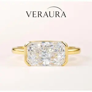 3CT East-West Hero Ring Long-Lasting Color Rectangular Radiant Cut  half bezel Thick Gold Plated Brass 5A CZ Ring Minimalist  for Women