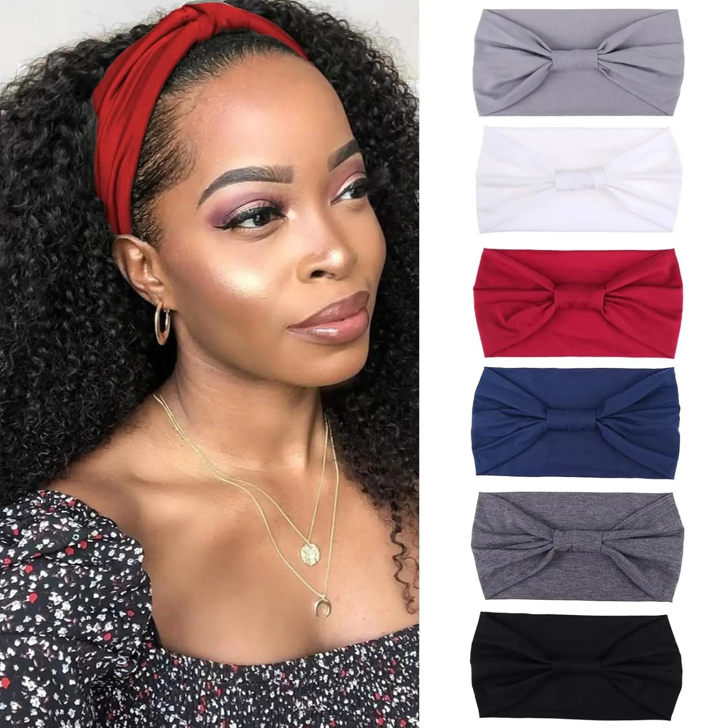 Women's Boho Headbands, 6 Pack Wide Non-Slip Stretch Turban Hair Accessories for Sports and Fashion, Headband, 6 Pieces, Elastic, Female, Headbands Color-6 Pcs Black, Dark Gray, Navy