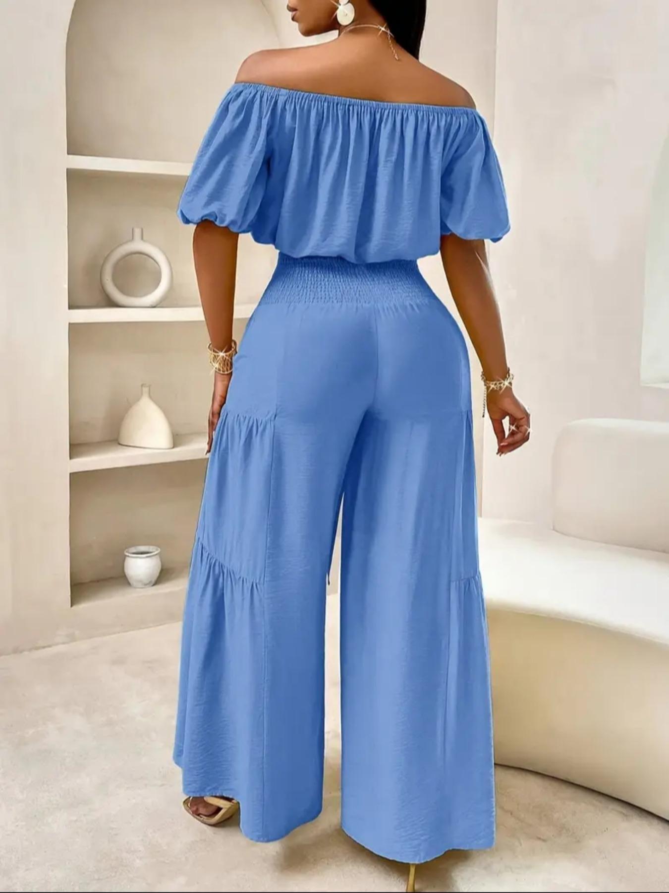 Women's Solid Off Shoulder Crop Top & Wide Leg Pants Set, Casual Breathable Lightweight Fashion Cozy Baggy Top & Trousers for Daily Outdoor Wear, Ladies Clothes for Summer, Womenswear, Two Piece Outfits for Women