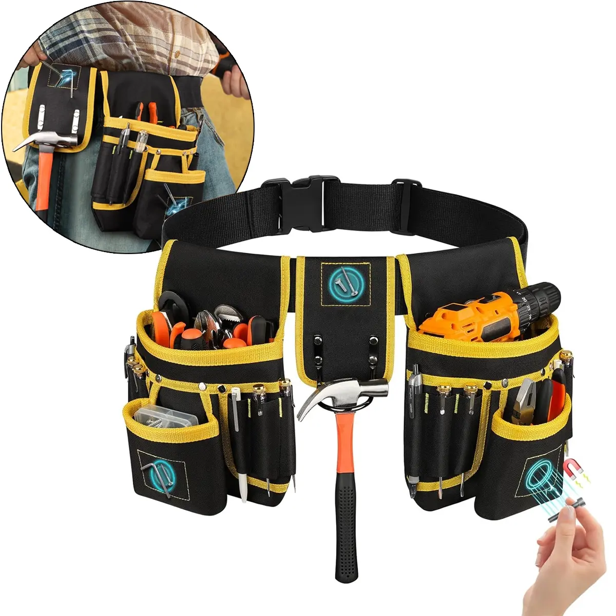 Magnetic Tool Belt for Men, 26 Pockets Heavy Duty Nail Tool Pouch Dad Gift | Magnet Holster Utility Toolbelt Detachable Adjustable Waist Tool Holder belt for Handyman Contractor Carpentry Roofer Plumber Tool Bags