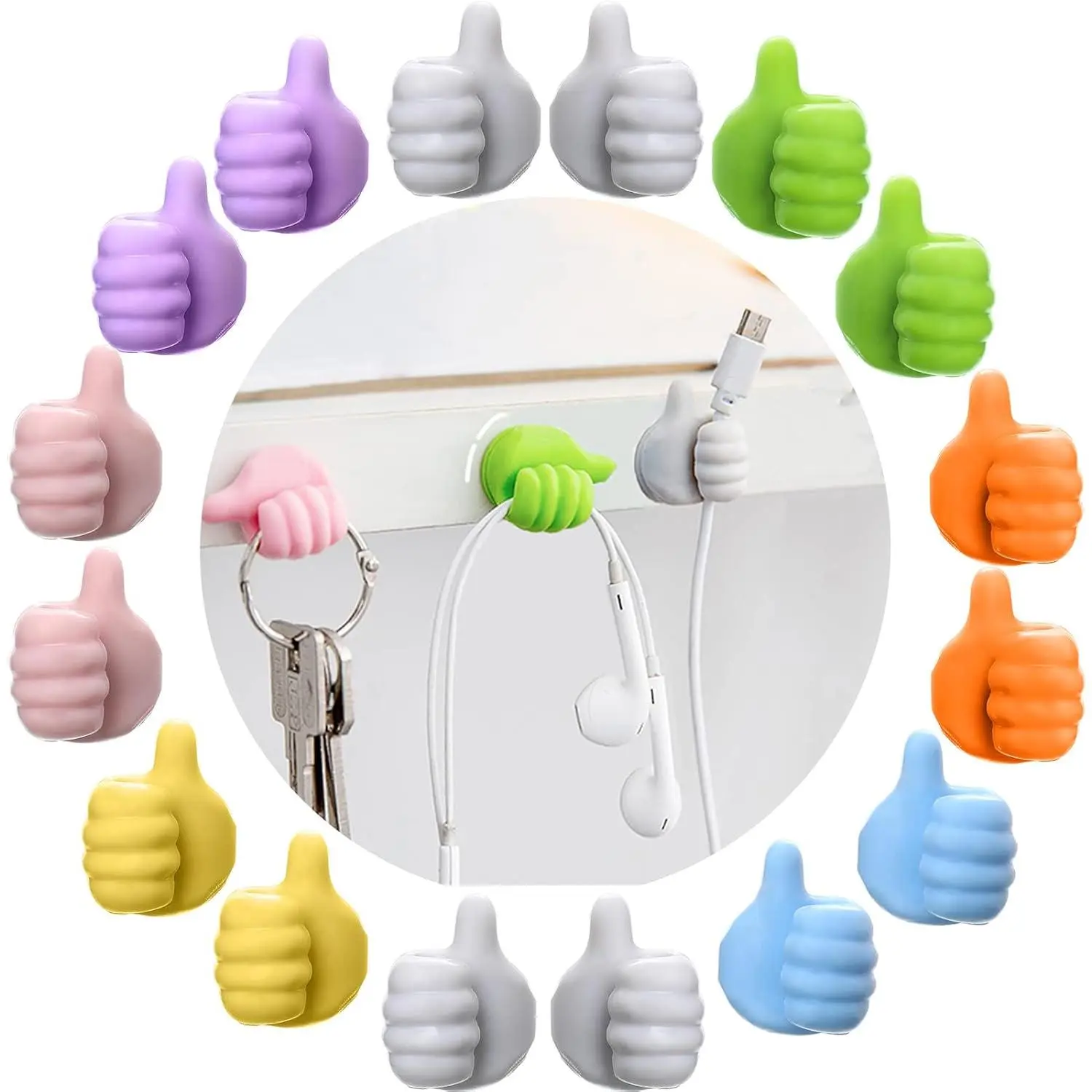 Thumb Shape Strong Load Self-Adhesive Residue-Free Silicone Wall Hook - Wall Hanging Computer Accessories, Mobile Phone Cable Clip, Key Organiser for Bathroom, Kitchen