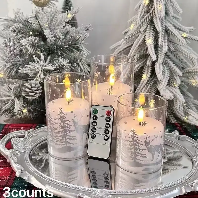 3 Pack Reindeer LED Candles with Remote Control, Battery Powered, Modern Minimalist Christmas Home Decor, Small and Elegant, Decor Lighting
