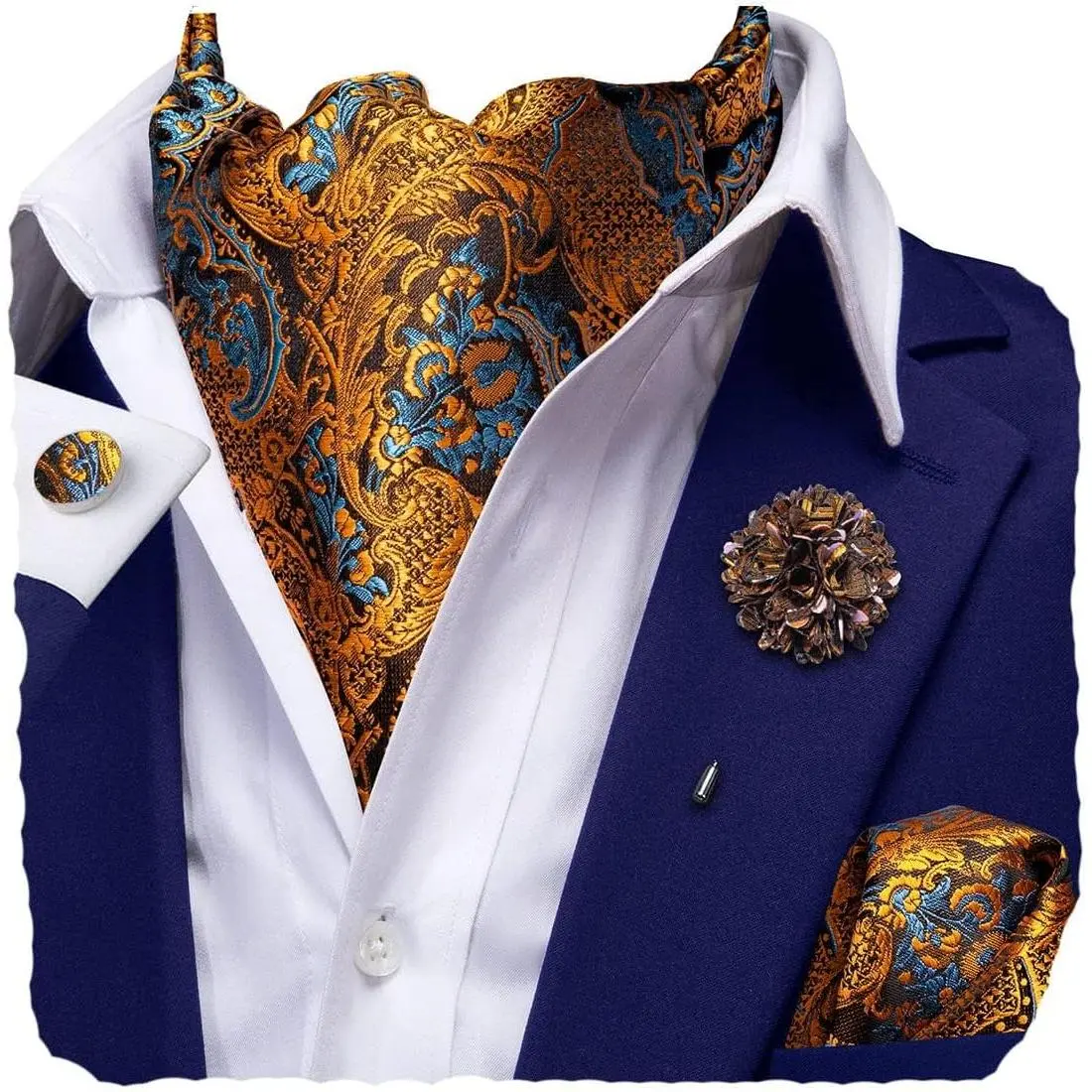 Hi-Tie Silk Ascot for Men Self Tie Men's Cravat and Flower Lapel Pin Handkerchief Cufflinks Set for Wedding Party