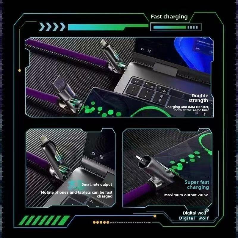 240W 4-in-1 Fast Charging Cable with LED Light, Multi Charger Cord with USB C/Lightning, Super Fast Charge Compatible with iPhone 17 16 Pro, Samsung, MacBook