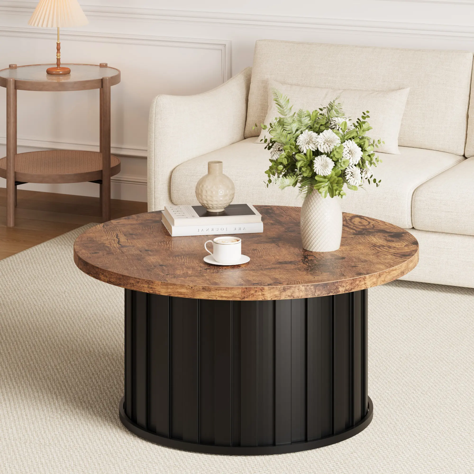 Mid-Century Modern Fluted Round Coffee Table for Living Room - 31.9" Center Table with Durable Metal Base - Space-Saving Accent Table for Small Spaces and Apartments - Vintage Grey Finish