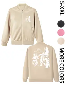 Women's American Street Style Hoodless Bomber Jacket with "Fathers and Sons" Print, Lightweight Zip-Up Jacket, American Street Style Print Design, Suitable for All Seasons, Casual & Street Style