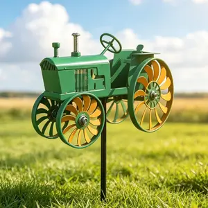 Green Metal Tractor Wind Spinner, 360° Rotating Yard Art, Weather Resistant Garden Decor for Outdoor Patio Lawn