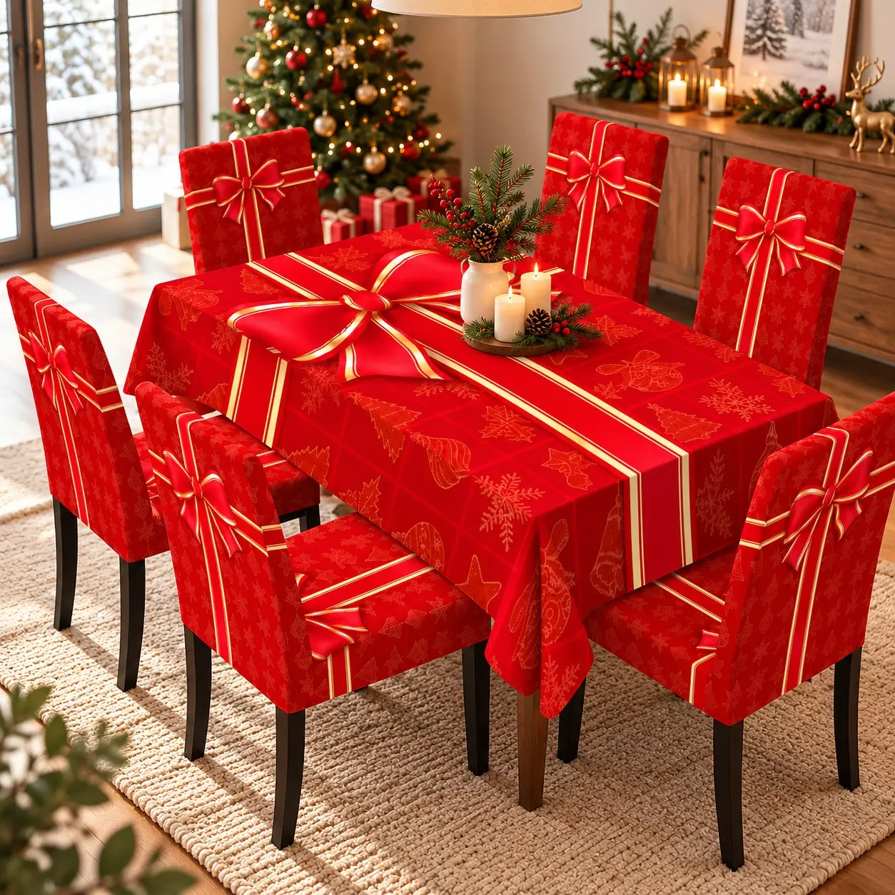 5pcs/7pcs Tablecloth Set with Matching Chair Covers, Red Christmas Gift Bow Print with Gold Ribbon Stripes and Festive Snowflakes, Coordinated Holiday Dining Table Decor for Christmas Dinners and Family Gatherings