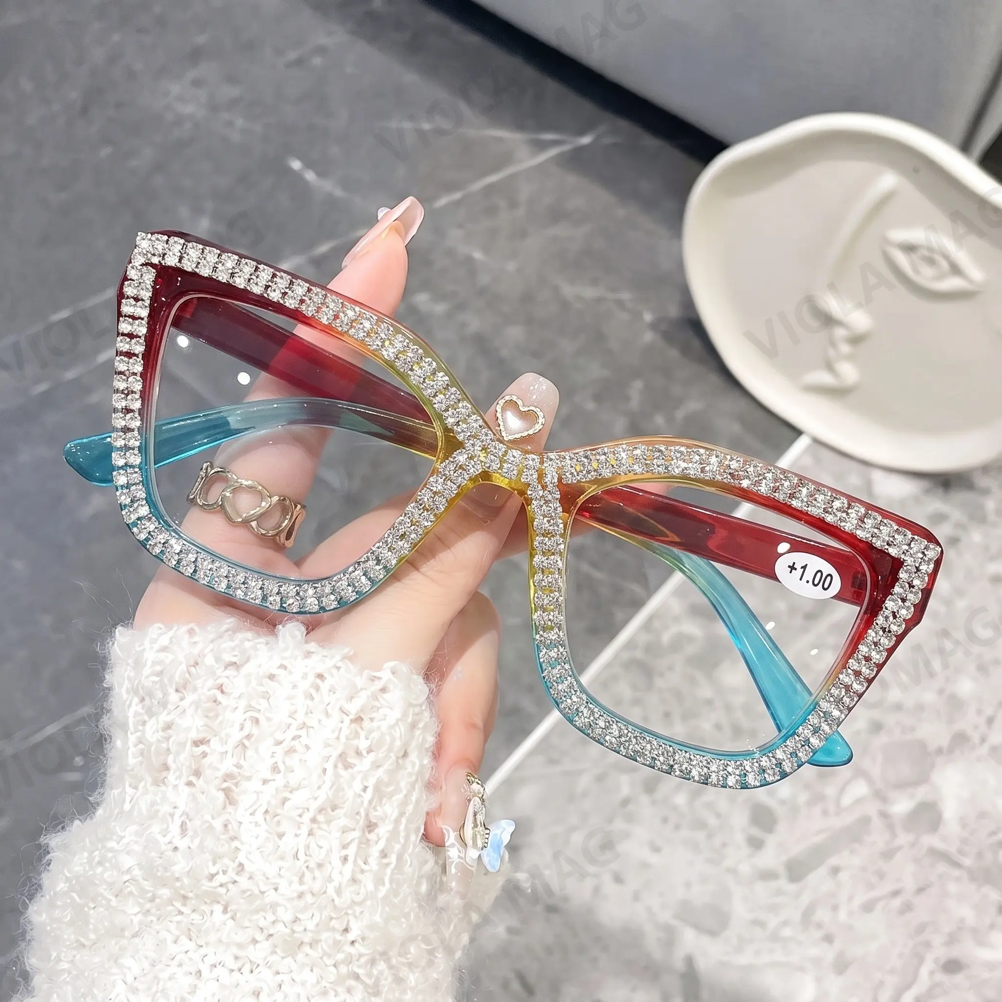 GIGULA Shiny Rhinestone Square Cat Eye Reading Glasses for Women, Fashion Luxurious Diamond Decorated Transparent Lens, Multiple Prescriptions Available