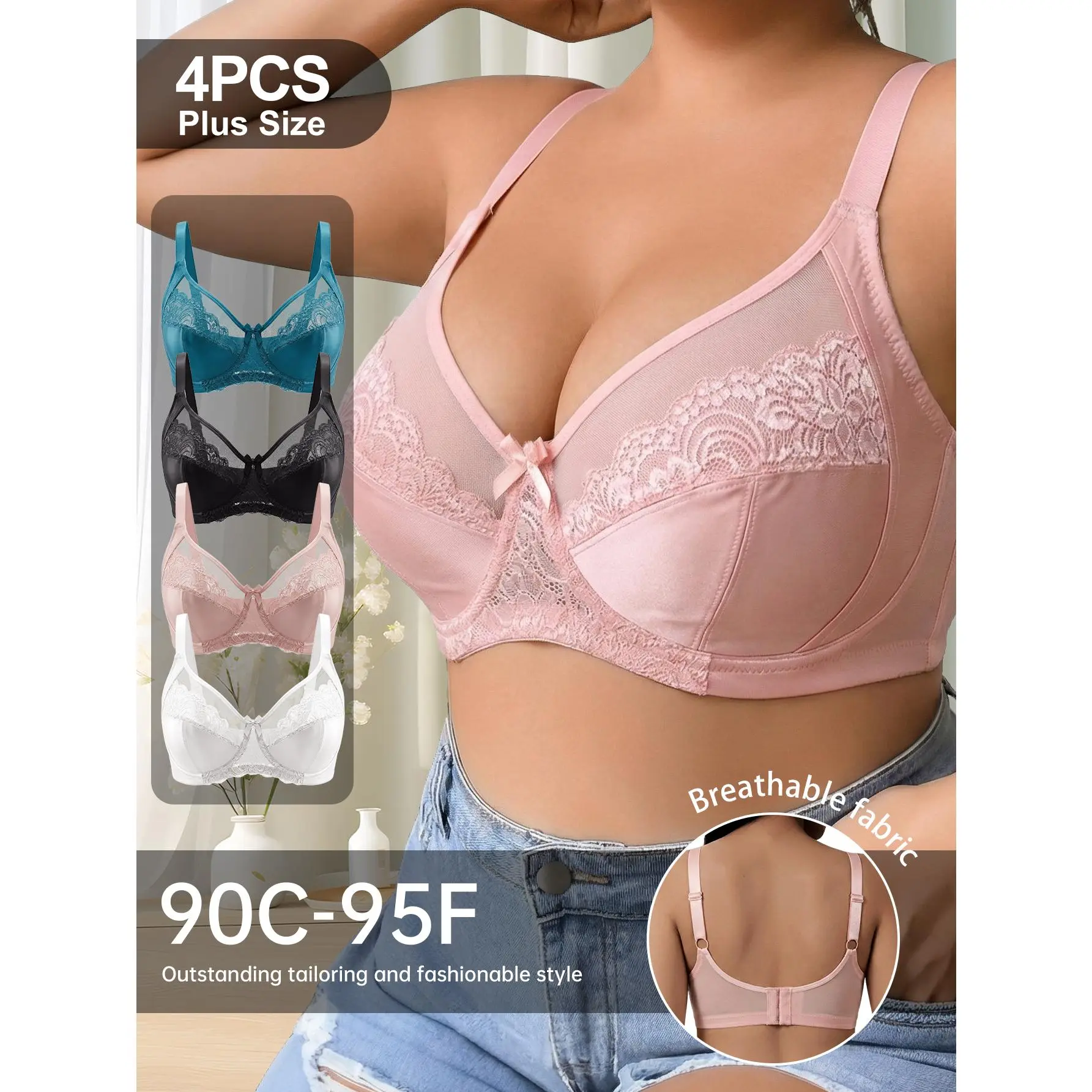 QUASTI 4PCS Women's Plus Size Underwire Supportive Lace Bra, Padded Ultra Soft Stretch Elegant Bras, Smooth Skin-friendly Lightweight Comfortable Everyday Lingerie, 90C-95F