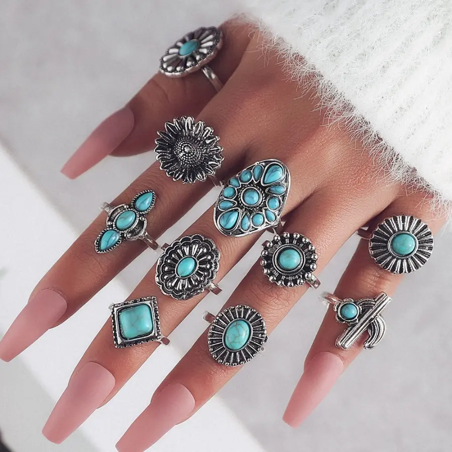 Vintage Ring Set, Bohemian Alloy Turquoise 10-Piece Ring Set