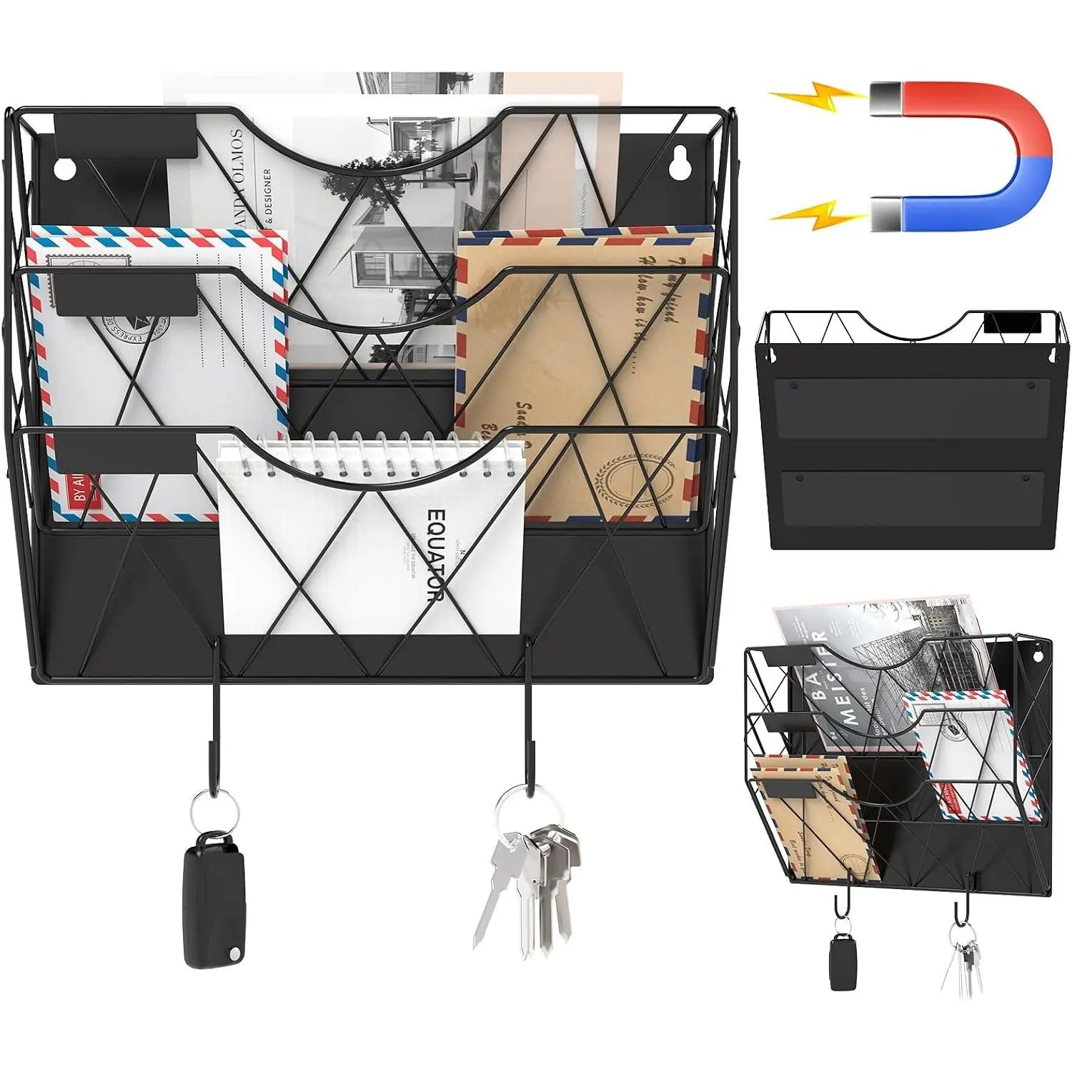 Magnetic File Holder for Refrigerator & Cabinets, No-Drill Wall Mount Organizer, 3-Tier Vertical Mail & Magazine Holder for Office Home, Black Space-Saving Design