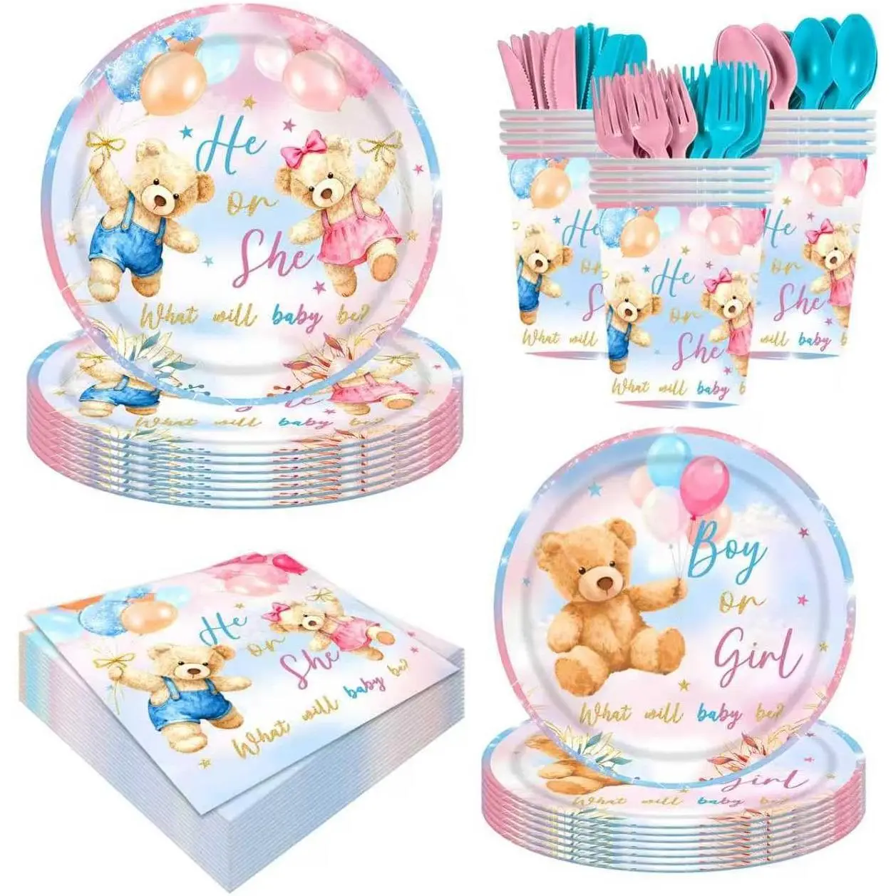 140PCS Bear-Themed Disposable Tableware Set for 20 Guests, Touch Food Grade Paper-Plastic Disposable Plates, Round Plates, Napkins, Cups, Forks, Knives for Gender Reveal Party Decorations, Happy Birthday, Baby Girl
