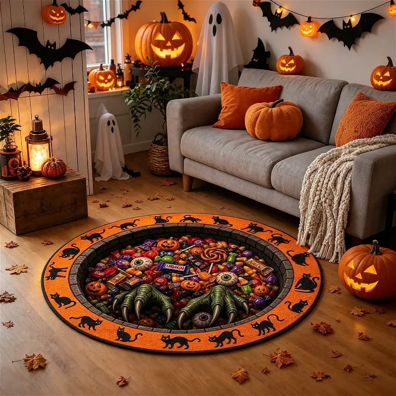 Velvet D Simulation Realistic Monster Claw Candy Round Rug, Halloween Creative Fun Black Cat Pumpkin Bedroom Living Room Decor Dark Style Study Gaming Room Washable Bathroom Balcony Non-Slip Mat