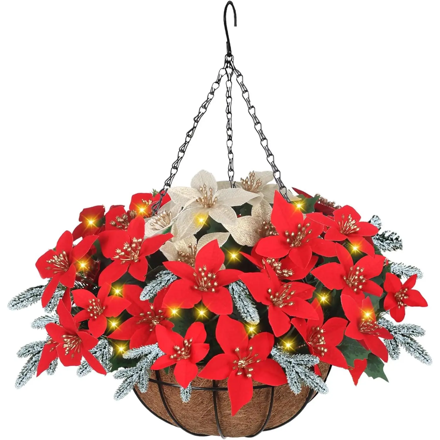 Artificial Fake Christmas Flowers Plants Basket with LED Lights, Faux Poinsettia, Pine Branches, for New Year Xmas Decoration, Porch Home Decor (Frosted pine branches)