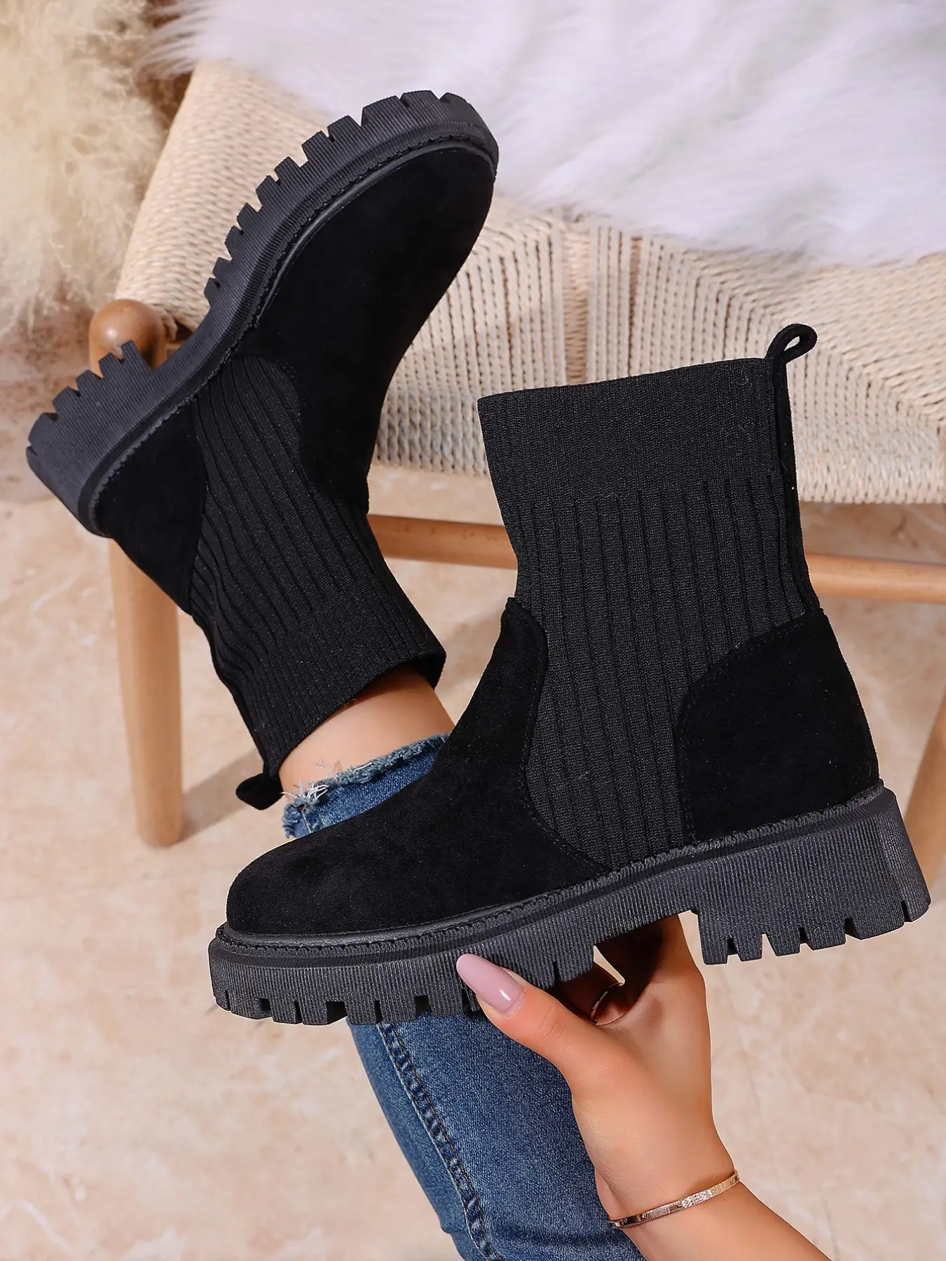 Women's Korean Style Lazy Wind Vertical Stripe Knit Patchwork Thick Sole Short Boots, Round Toe Anti-Slip, Fall & Winter Casual Shoes