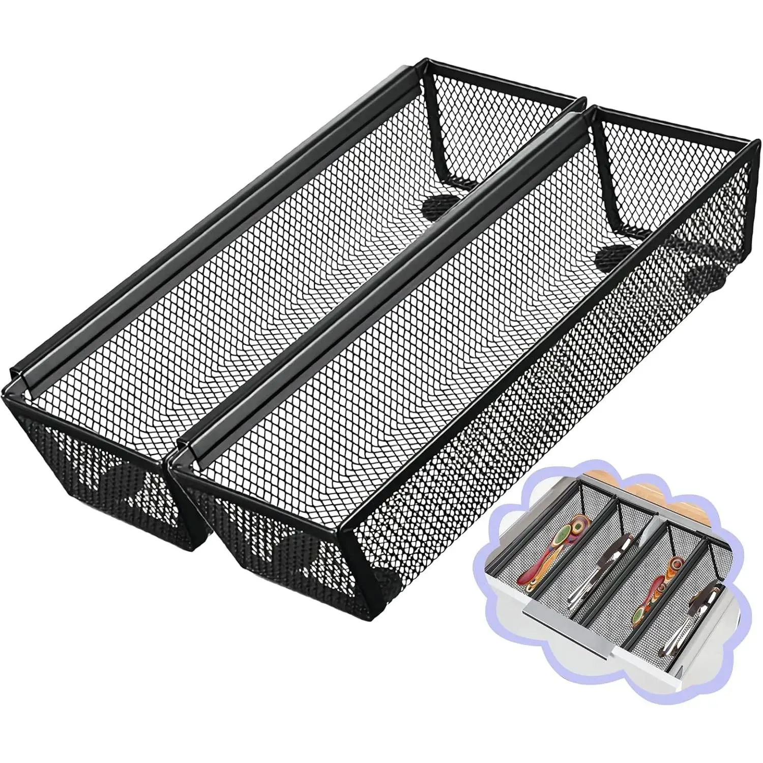 2PCS Drawer Organizer for Kitchen,Utensil Mesh Drawer Organizer with Interlocking Arm for Cosmetic,Flatware,Pen (9 * 3 * 2 Inches,Black)