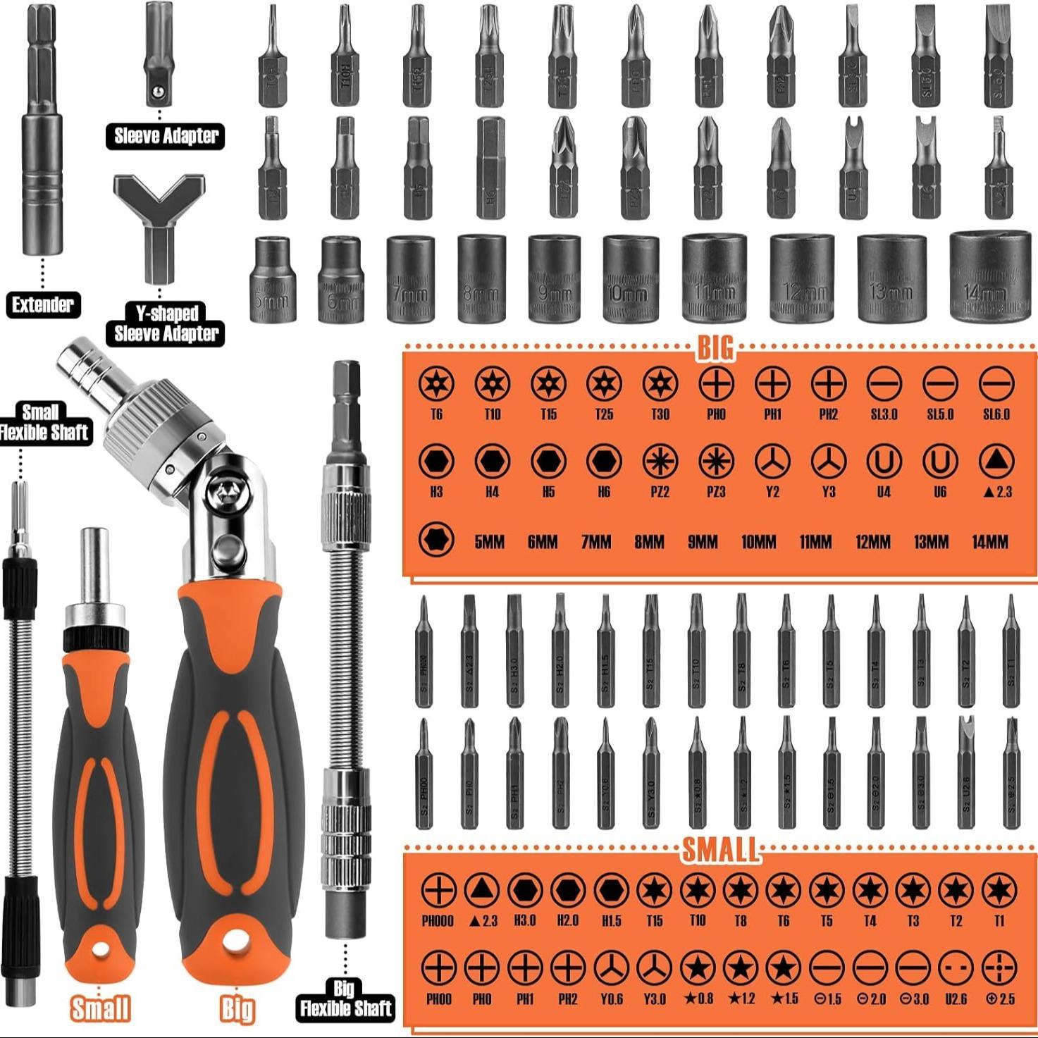Portable Ratchet Screwdriver Set, Socket Set & Screwdriver Bit Set with Rotatable Ratchet Handles & Storage Case, Household Repair Tool Kits for Bike