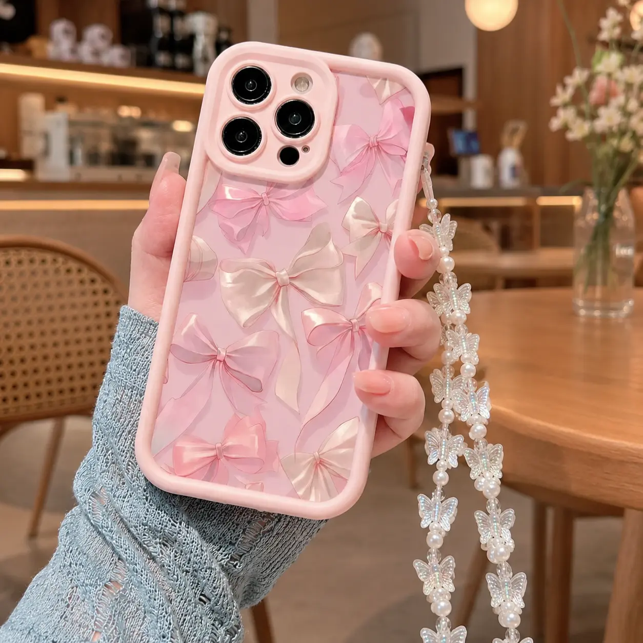 Bamboo Smartphone Casing Gift Set - Protective Cover for iPhone 17/16/15/14 Pro/13/12/11 Pro/ProMax/Plus, Gingerbread Man Cane Illustration, Butterfly Lanyard, Hangable Valentine's Day Gift for Girlfriend