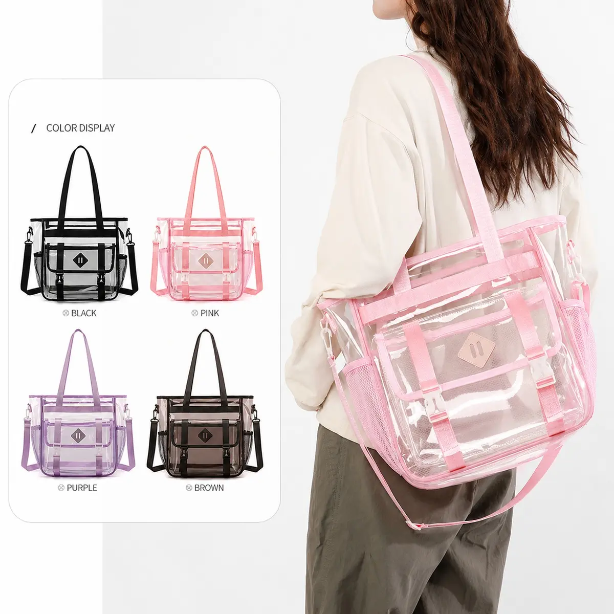 Women's Striped Pattern Clear PVC Tote Bag,Trendy Large Clear Transparent Tote Bag, Stadium Security Approved PVC Handbag with Removable Shoulder Strap for Sports Beach Daily Use
