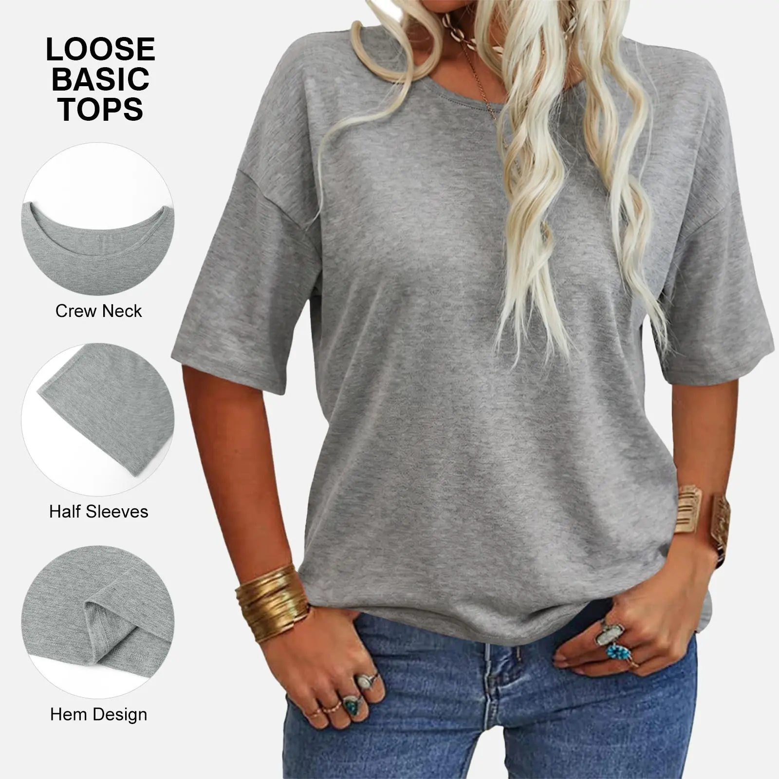 PiePieBuy Women's Round Wide-Neck Half-Sleeve Lightweight Solid Spandex Casual Trendy Tee - Loose-Fit Minimalist Streetwear Basic Style Top, OOTD Ideas Wardrobe Staples,clothes for back to school,first day of school outfits