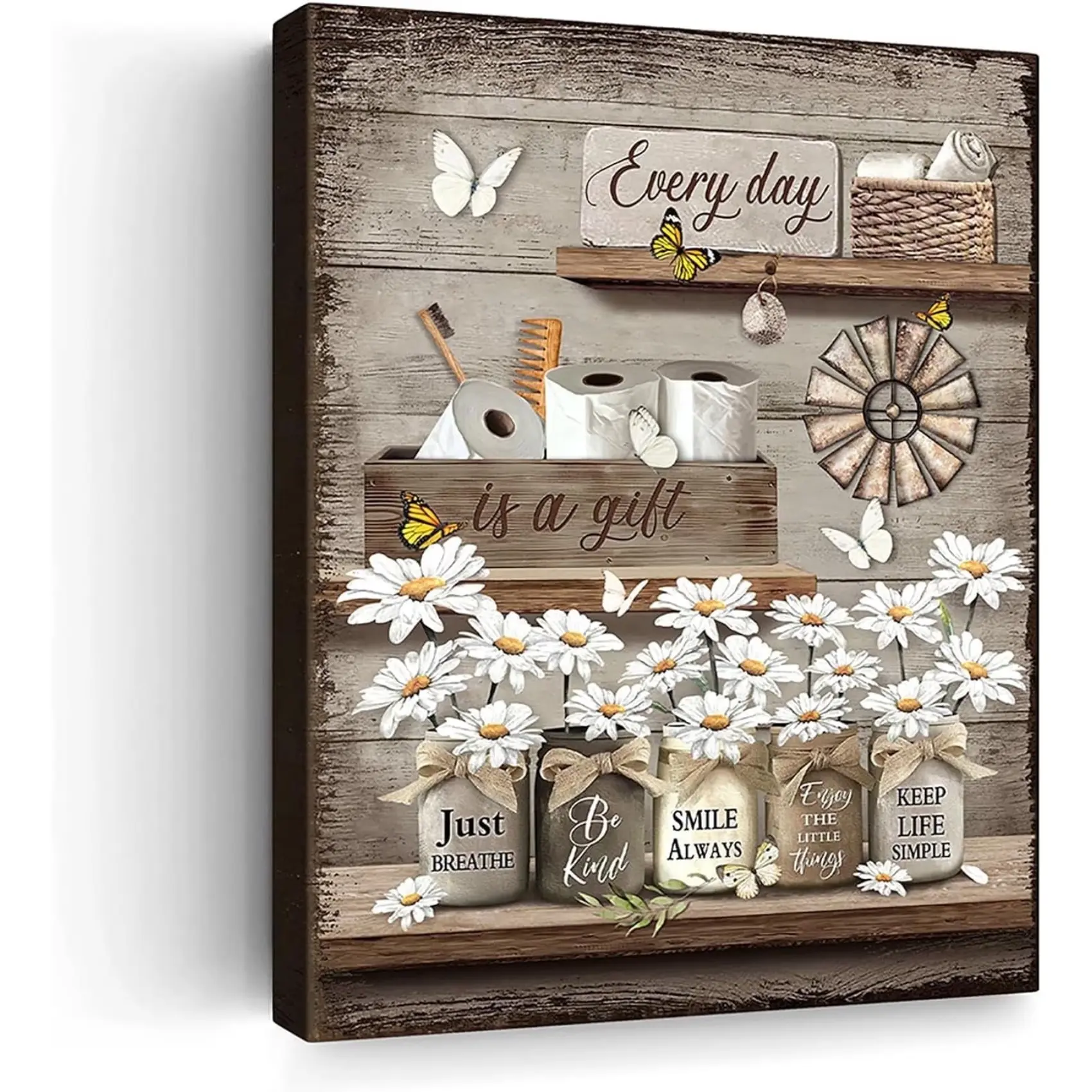 Rustic Daisy Wall Art Vintage Bathroom Canvas Print Bathroom Decor Flower Butterfly Painting Farmhouse Rustic Bathroom Picture Home Decor For Bathroom Bedroom Ready To Hang 12x16 Inch