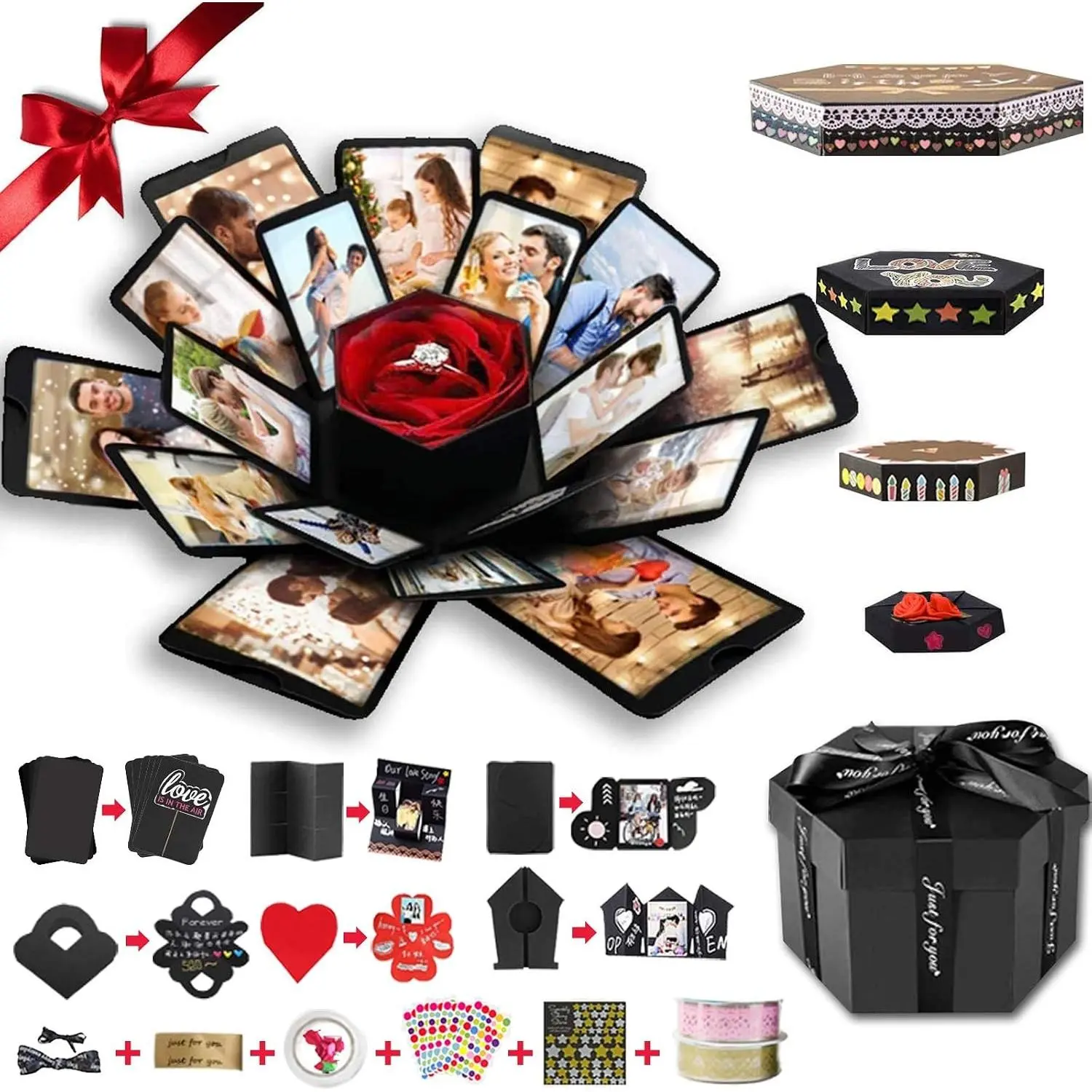 Explosion Box, DIY Explosion Box with 6 Faces, Main Part Assembled Handmade Photo Album for Birthday Gift, Anniversary, Valentine's Day, Wedding (Black)