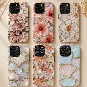 2D Faux Hibiscus Iridescent And Seashell Stained Glass Phone Case (PRINT), Faux Mosaic Coastal For IPhone 17 16 15 14 13 12 11 Pro ProMax Plus  Air series, Artistic Ocean Shell Case, Celestial Lily Tulip, Elegant Floral Ivory Design Art Style Cover, Gift,