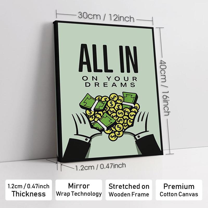 Money & Letter Pattern Painting with Wooden Frame, 1 Count Modern Canvas Wall Art, Unique Artwork, Wall Decor for Home Living Room Bedroom Office