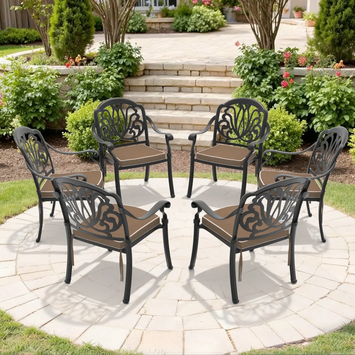Aobtkel 2PCS Cast Aluminum Patio Dining Chairs - Patio Chair Set with Black Aluminum Frame, Blue Cushions, Carved Details, Stackable Design, Weatherproof Coat