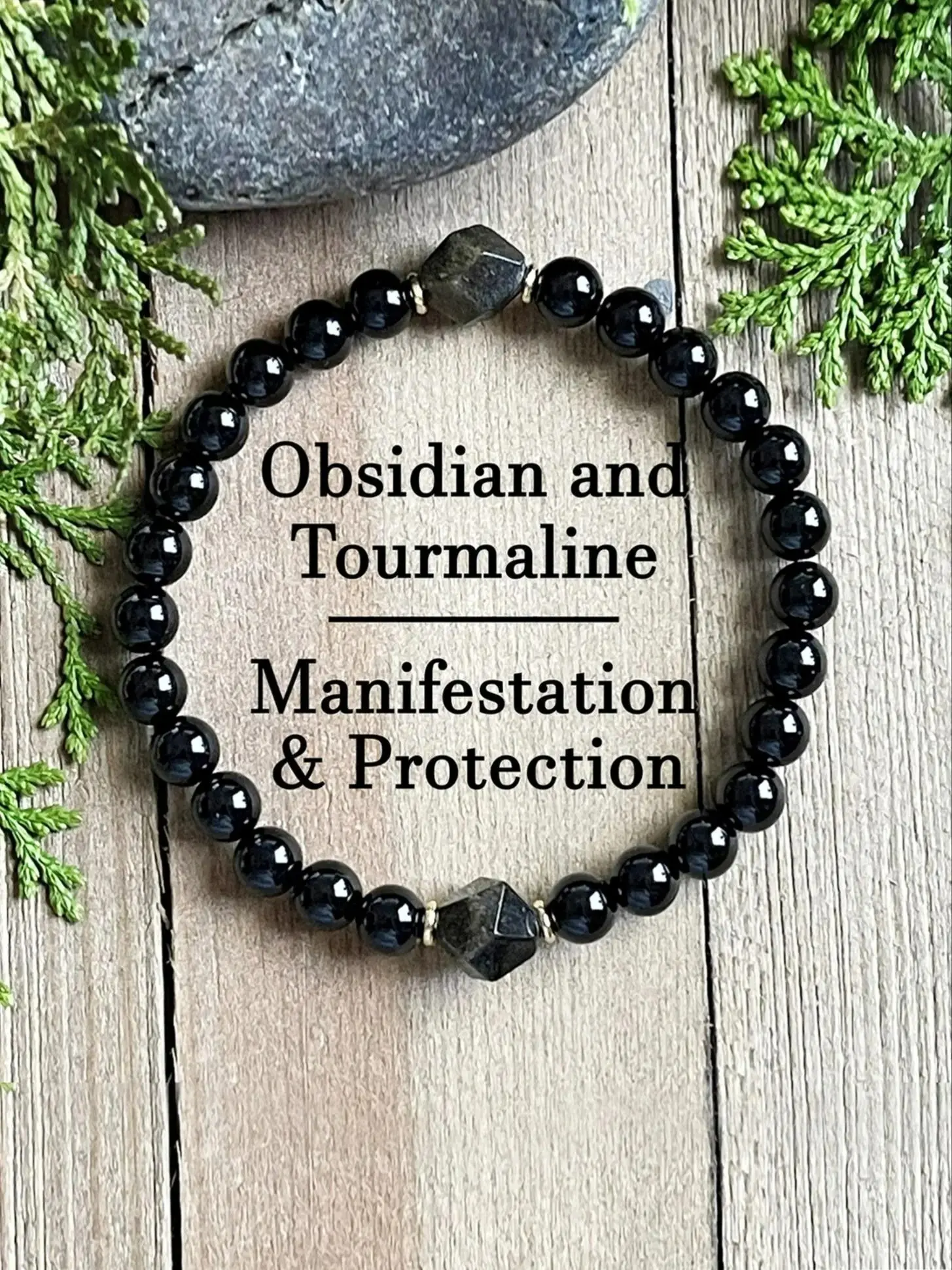 Obsidian & Black Tourmaline Bracelet, Energy Protection Crystal Beads Jewelry for Men & Women, Christmas Gift, Gifts for Mother's Day, Valentine's, Birthday, Anniversary, Black Grounding Stone Beaded Bracelet