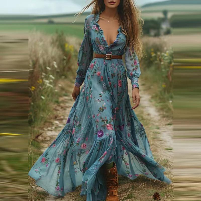 NewVintage Floral Print Deep V Fashion Waist Party Maxi Dress Autumn Women's Ethnic Lady Chic Bohemian Dresses  New Casual Womenswear sundress summer outfits quinceanera dress dresses summer