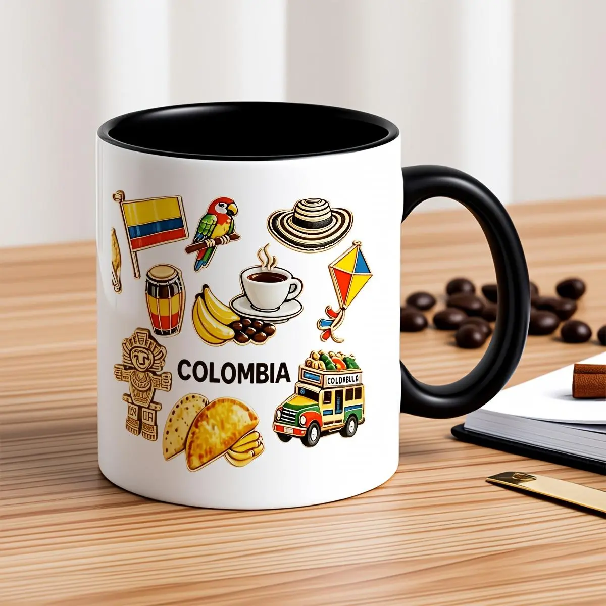 Charming 11 ounce ceramic mug with Colombian cultural logo flag parrot coffee bus design - perfect gift for coffee lovers on birthdays, Christmas, Thanksgiving, daily coffee or tea cups, ceramic drinking utensils gifts