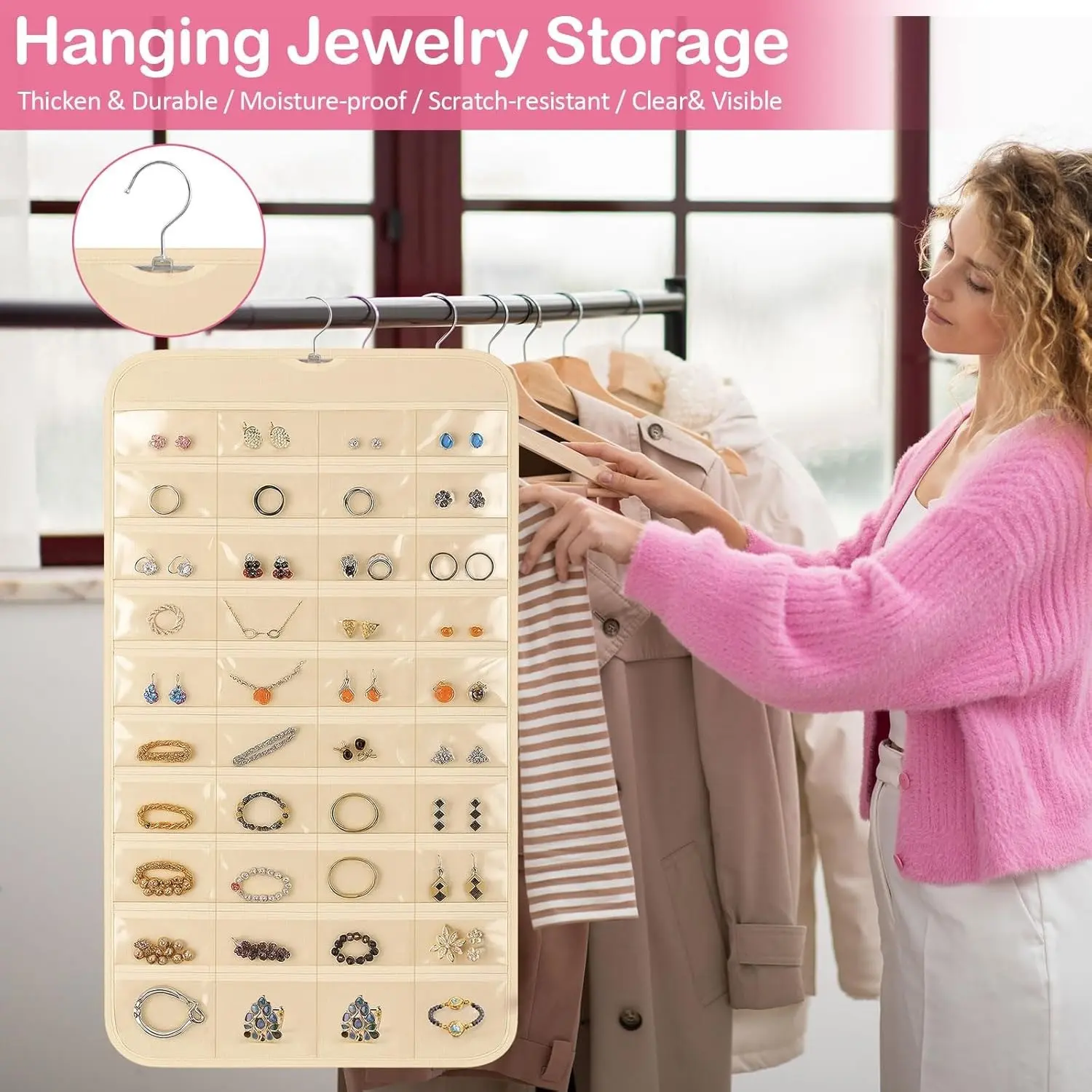 Double Sided Jewelry Organizer, 80 Clear Pockets earring organizer and storage, Accessories holder organizer for Closet, Jewelries, Necklace, Travel