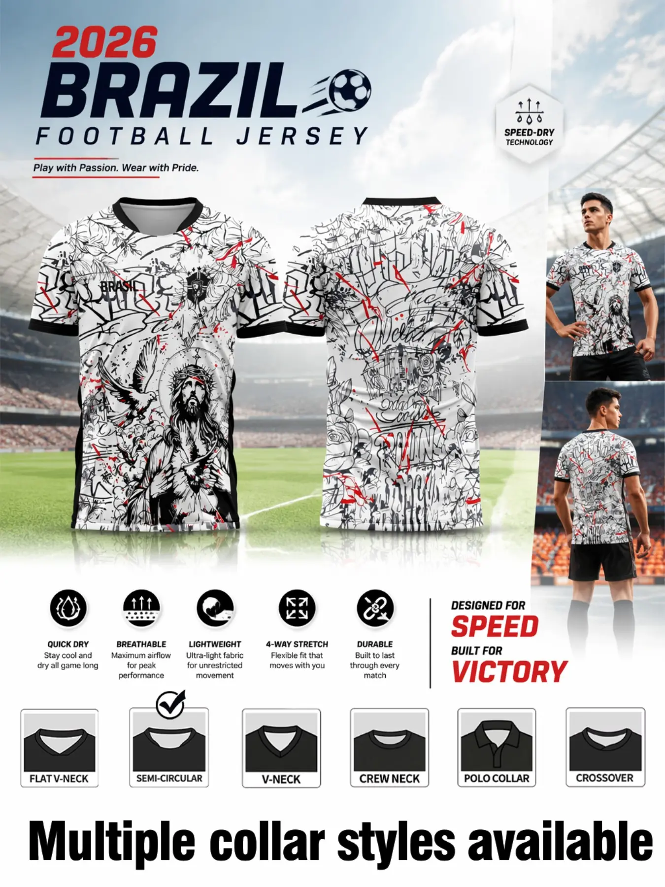 Men's Brazilian Short Sleeve Sport Jersey, Fitted Football T-Shirt, Unique Graffiti Print, Ideal for Soccer Fans and Outdoor Activities