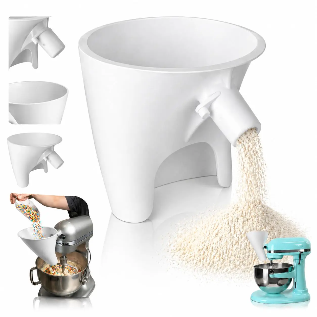 Stand Mixer Flour Funnel, Pouring Chute Attachment for  Mixer, Baking Ingredient Feeder, No Mess Pour Tool (White)