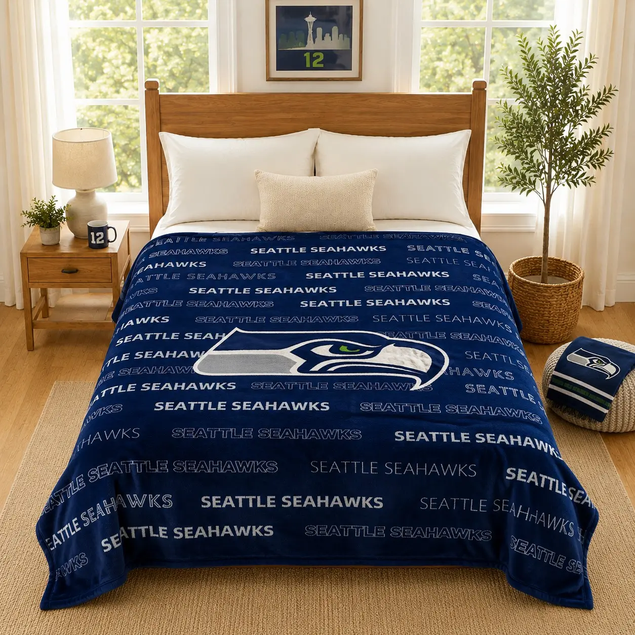 NFL Seattle Seahawks All Over Logo Repeat Throw Blanket - Official Seahawks Hawk Head & Team Name Pattern, Navy Base Soft Flannel Cover, Machine Washable, Sports Fan Home Decor, Perfect Game Day Gift