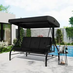 Outdoor Swing Chair 3 Seater with Stand for Adults, 2-in-1 Convertible Design, Thick Soft Cushion & Adjustable Removable Canopy, for Backyard Garden Patio Poolside