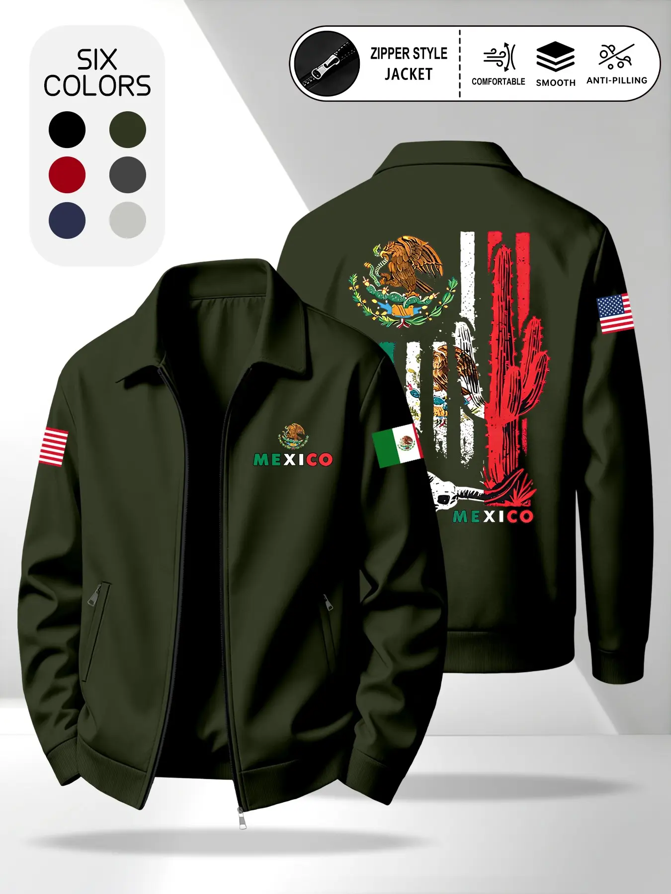 Men's Lightweight High-Quality Cactus Eagle Print Jacket, American Retro Mexico Flag Element Spring Fall Coat, Daily Street Business Top, Loose Jacket