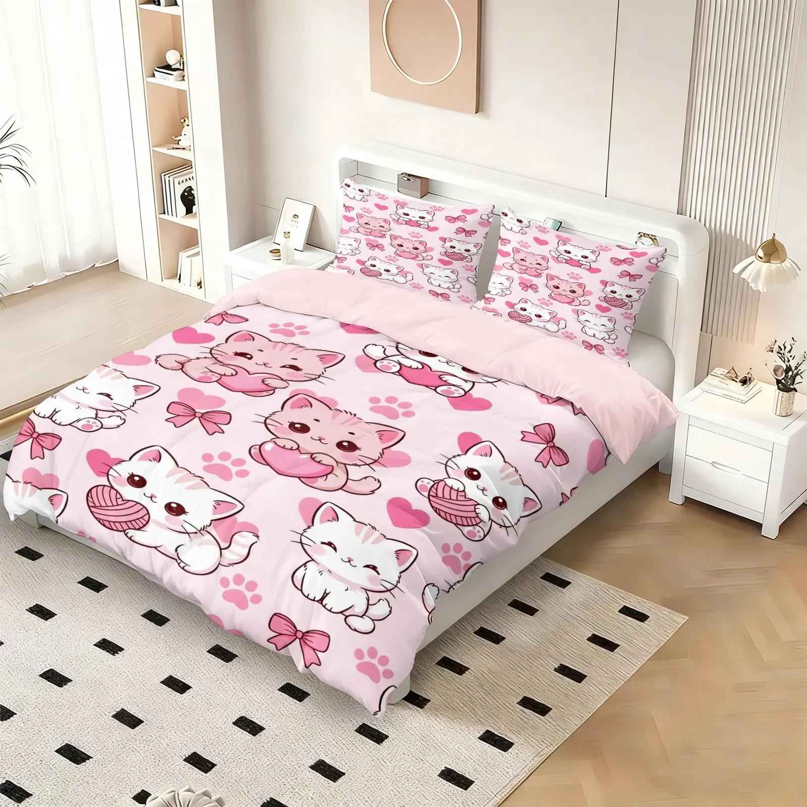 2/3Pcs Cute Pink Cat Duvet Cover Set, 1 Duvet Cover & 1/2 Pillowcase, No Filling, Cartoon Kitten Heart Bow Print Bedding, Gift For Girls Teens Bedroom Dorm Decor