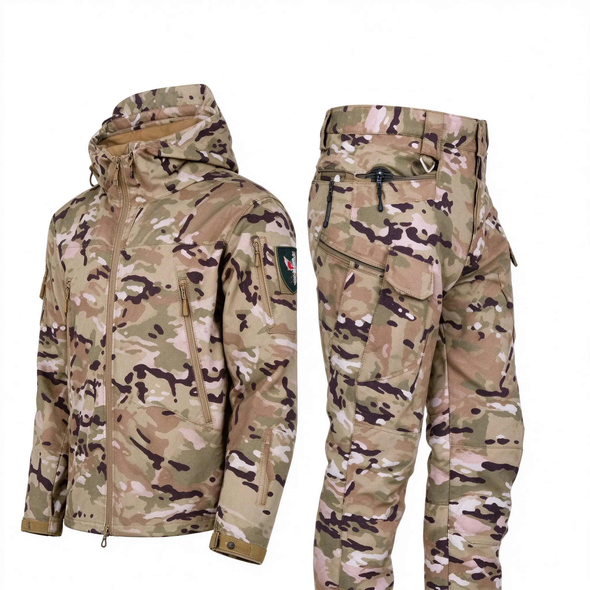 Unisex Camo Softshell Tactical Jacket and Pants Set, Fleece Lined Water-Resistant Outdoor Suit, Warm Military Style Hunting Hiking Workwear