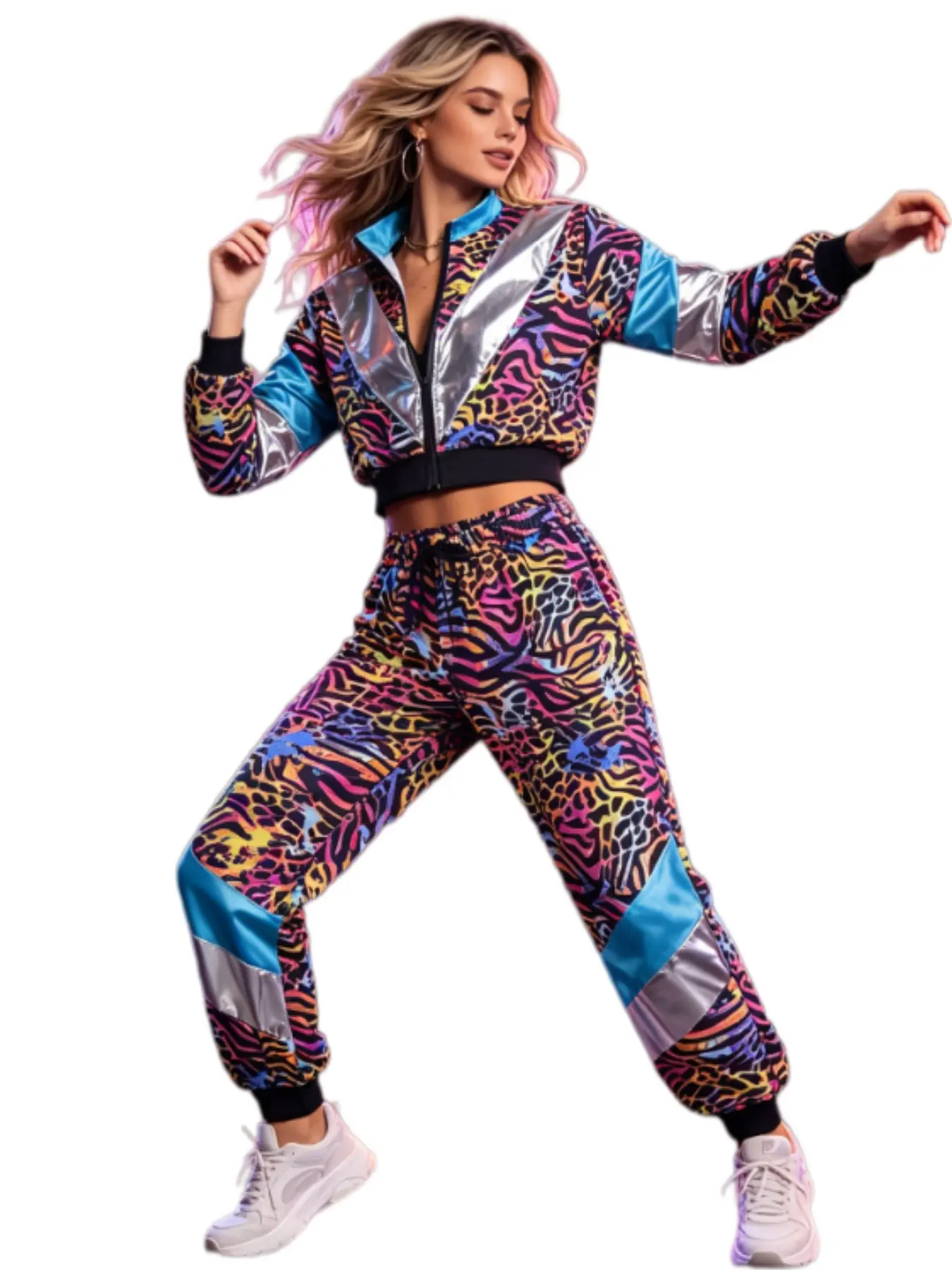 Ladies' 80s Leopard Print Sportswear Set with Full Zipper Disco Jacket Perfect for Runners Suitable for Retro Themed Events