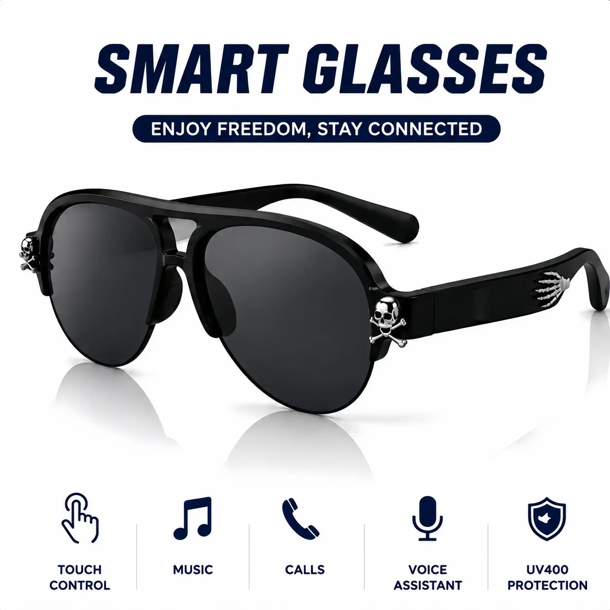 Gothic Punk Smart Glasses for Men, Skull Audio Sunglasses with Open-Ear Music, Touch Control, Built in Microphone and UV400 Protection