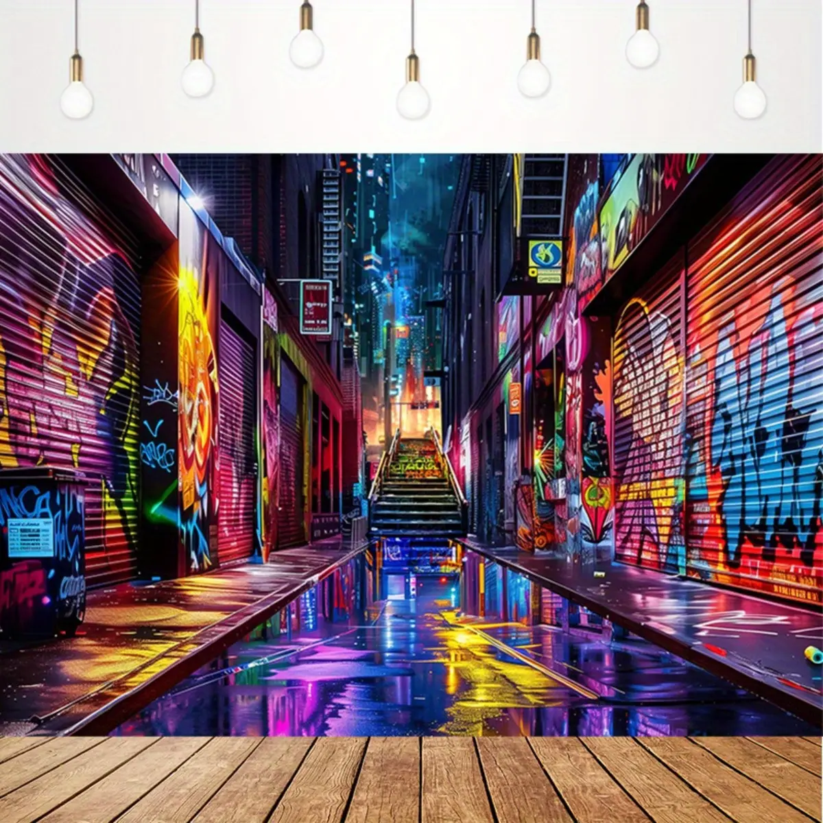 1pc Decorative Polyester Graffiti Wallpaper Roll - Retro 80s-90s Hip-Hop Neon Light Wall Art, City & New Orleans Street Style Wall Backdrop, Stickers for Party Decor & Room Cave Decor, Durable (75g/m²)