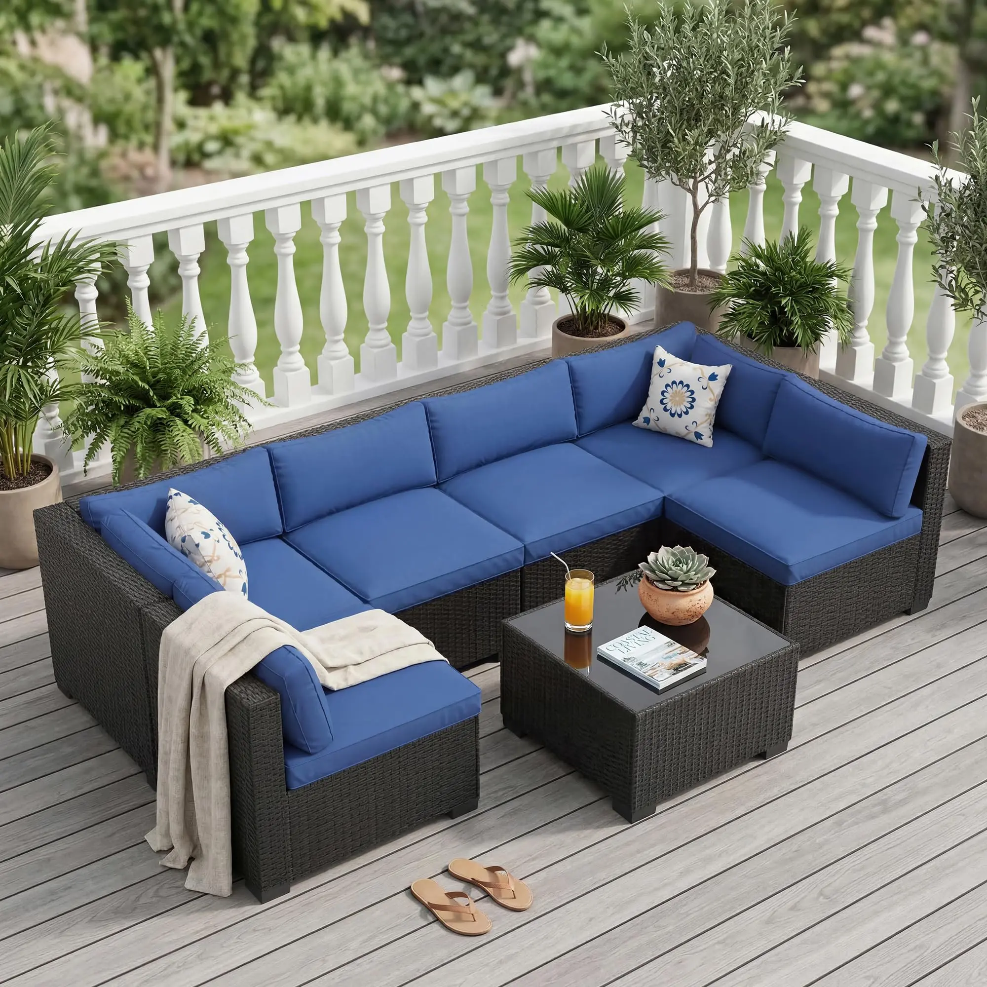 GARVEE 7-Piece Outdoor Rattan Sectional Sofa Set with Coffee Table – Black PE Wicker & Navy Blue Cushions