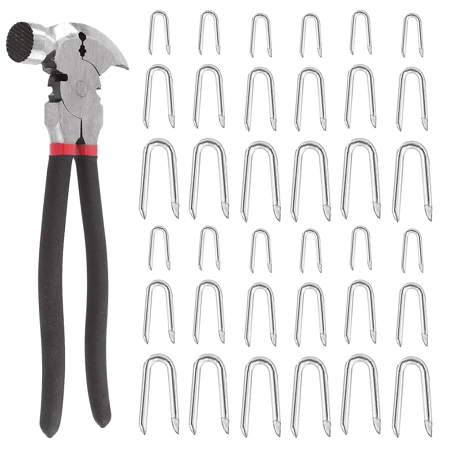 151Pcs 3 Sizes Fence Staples Fencing Pliers with Hammerhead Set, Heavy Duty Galvanized Steel U Shaped Wire Staple Nails for Woven Fencing and Wire Mesh